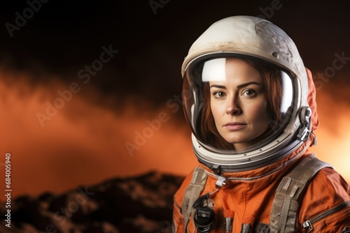 Gorgeous brunette female astronaut posing in mars looking at the camera