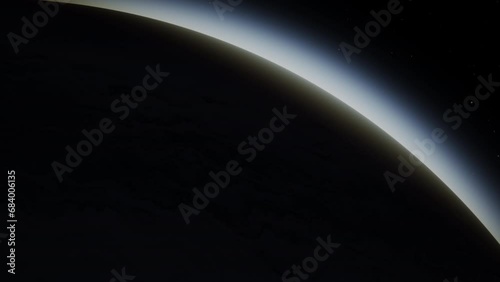 Giant gas planet in deep dark outer space. 3D animation and artistic concept of big Jupiter-like alien exoplanet. Space exploration and planetary science discovery of inhabitable extrasolar gas planet photo