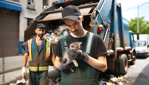 Chaton sauvé par un homme qui ramasse les poubelles photo