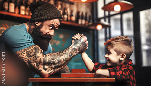 Bras de fer entre un homme musclé et un jeune enfant photo