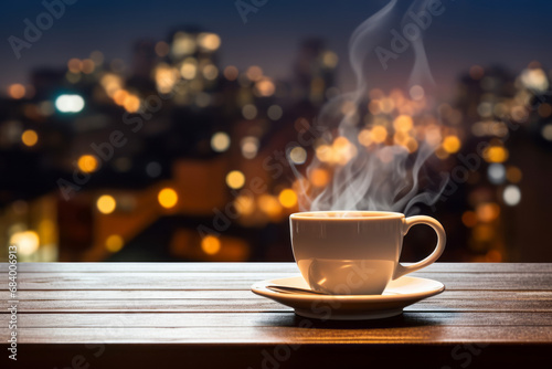 Steaming coffee and blurred city night view on an empty wooden table on an apartment balcony. A concept for a relaxing and relaxing time.