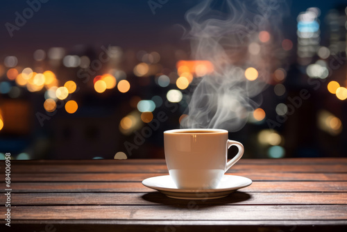 Steaming coffee and blurred city night view on an empty wooden table on an apartment balcony. A concept for a relaxing and relaxing time.