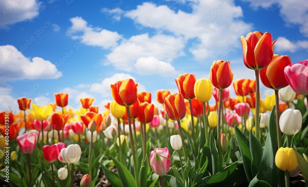 Explore the Vibrant Beauty: Field of Tulips against Azure Sky - An Unforgettable Journey! Generative AI