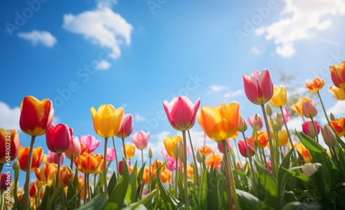 Breathtaking Symphony of Tulips Under a Crystal Blue Sky - Unveiling Nature's Beauty Generative AI