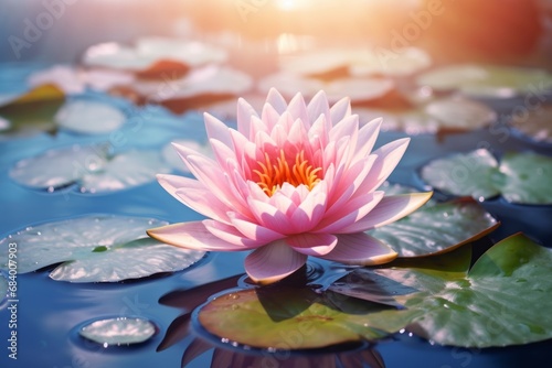 Stunning Beauty Unveiled: A Vivid Pink Water Lily on a Serene Green Pond Generative AI