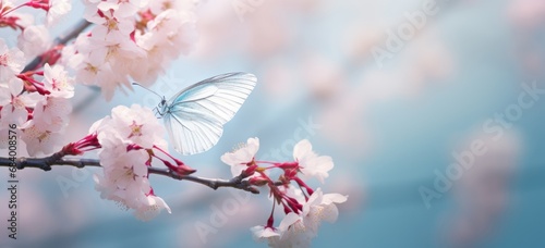 Enchanting Dance of a White Butterfly Amidst Blooming Branches Generative AI