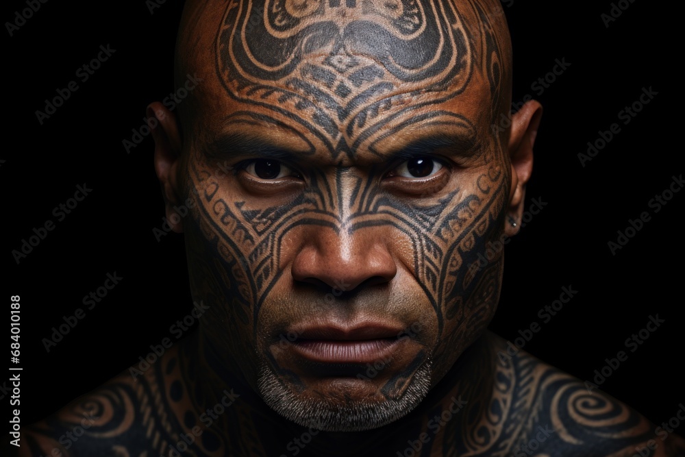 Portrait of a man with intricate Maori facial tattoos against a black background