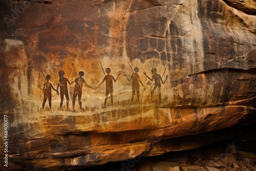 Rock art all with prehistoric aboriginal cave paintings of human silhouettes photo