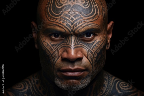 Portrait of a man with intricate Maori facial tattoos against a black background