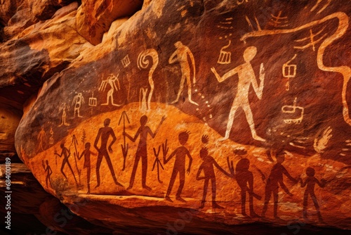 Ancient Aboriginal rock art depicting human figures and symbols photo