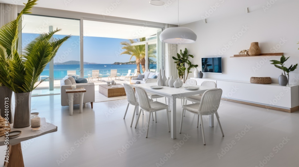 Cozy dining room in light colors and white furniture overlooking the beach with palm trees Cozy dining room in light colors and white furniture overlooking the beach with palm trees