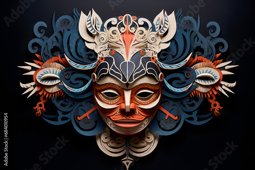 Intricate paper art masks inspired by different cultures, showcasing the diverse beauty of traditional craftsmanship. Ai Generated.NO.01
