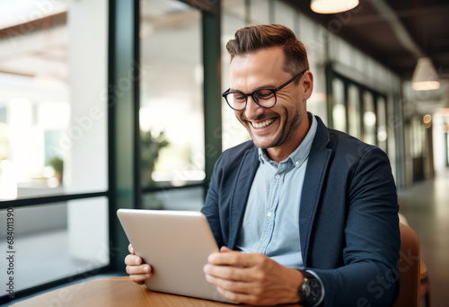 Happy adult professional business executive working at desk using laptop in a modern office