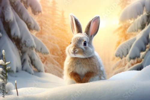 Enchanting Winter Portrait  A Delicate Rabbit Adoring the Snowfall Generative AI