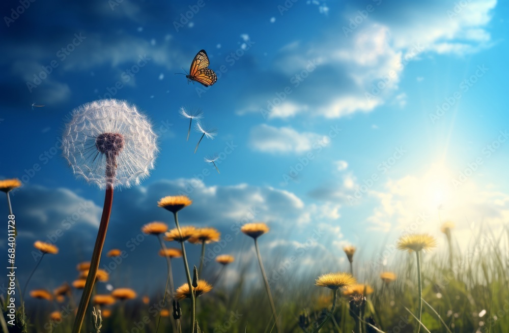 Captivating Scene: Dandelions & the Flight of a Vibrant Blue Butterfly Generative AI