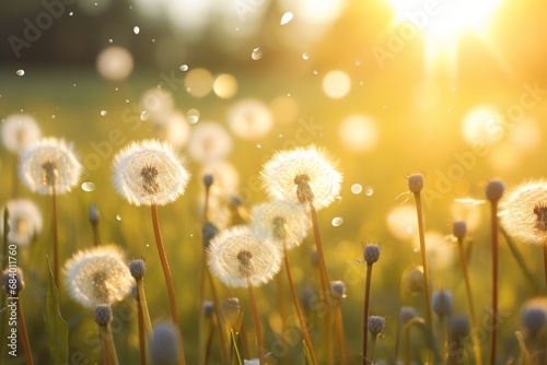 Sunset Brilliance  Stunning Showcase of Dandelions Under Sunbeam 2 Generative AI