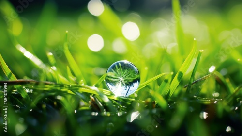 Captivating Moments: Dew Drop Magic on Vibrant Green Grass Generative AI