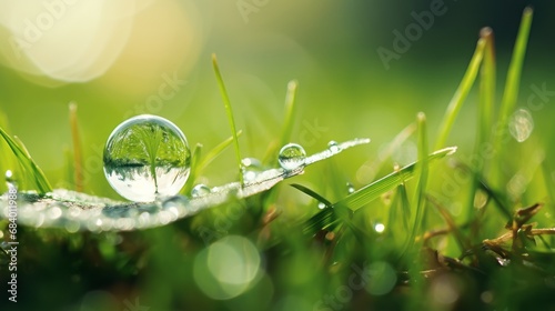 Stunning Close-Up: A Lone Drop of Water Clinging to Vibrant Green Grass Generative AI