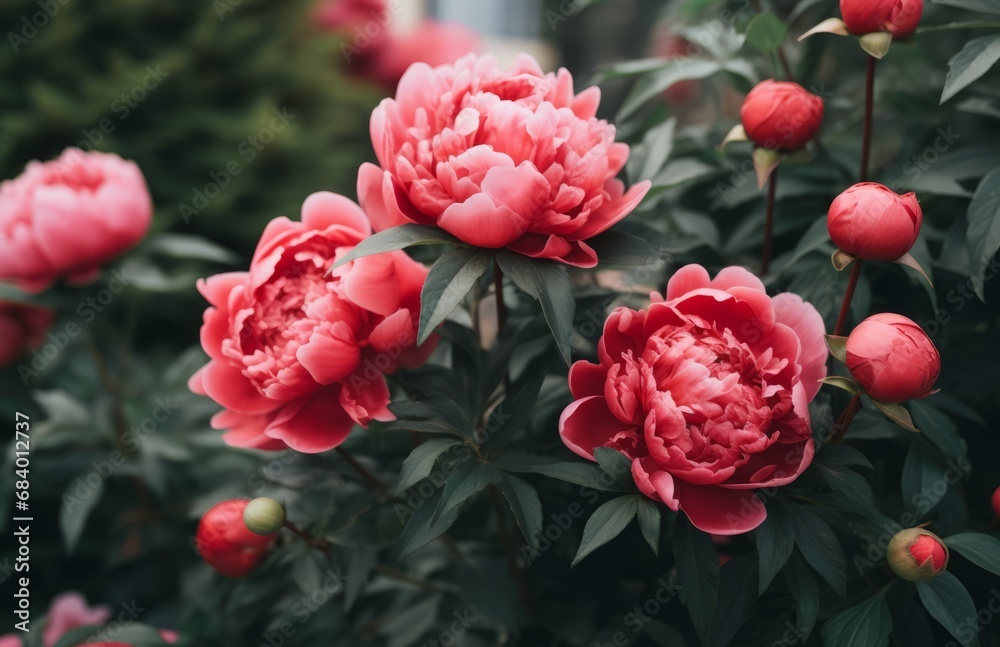 Stunning Evolution: How Beautiful Red Peonies Blossom in Green Gardens Generative AI