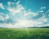 Breathtaking View: Sunshine over Verdant Grasslands and Expansive Blue Sky Generative AI