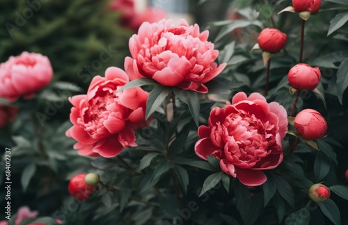 Stunning Evolution: How Beautiful Red Peonies Blossom in Green Gardens Generative AI