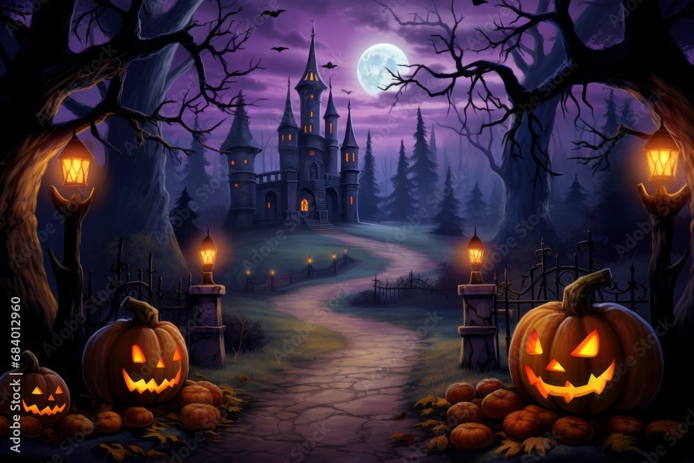 Fototapeta premium Enthralling Halloween Night: Unveiling Mysteries Behind Pumpkins! Generative AI