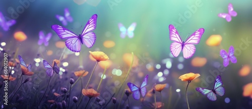 Vibrant Harmony: A Scenic Exploration of Purple and Orange Butterflies Dancing on Green Meadows Generative AI