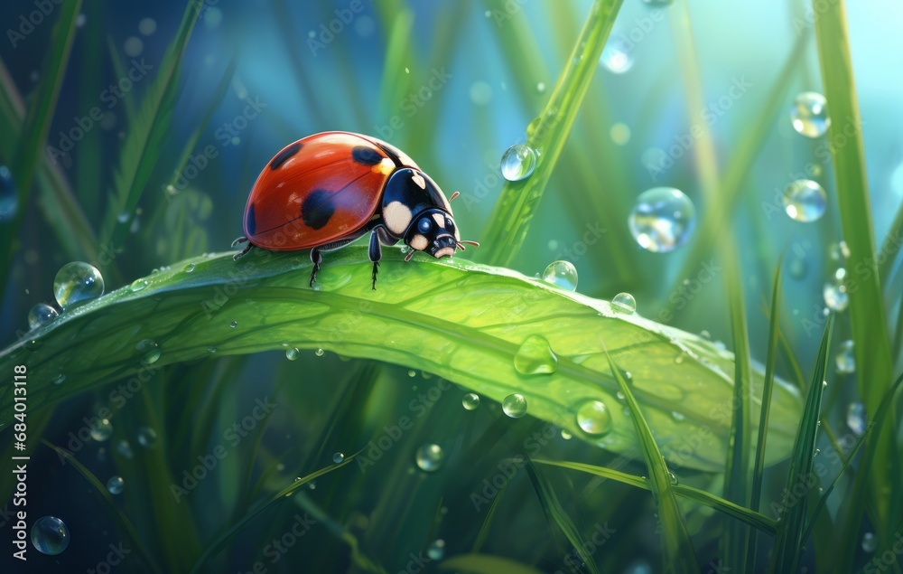 Fototapeta premium Close-Up Adventure: An Intriguing Ladybug Perched on Dew-Kissed Grass Generative AI