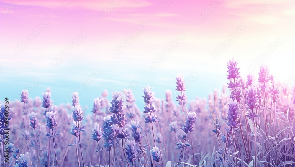 Naklejka premium Enchanting Fusion of Lavender, Pink, and Blue Blooms: Nature's Masterpiece Revealed Generative AI