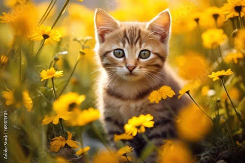 Adorable Kitten Explores a Garden Full of Vibrant Yellow Blossoms: Picture Perfect Moment Generative AI