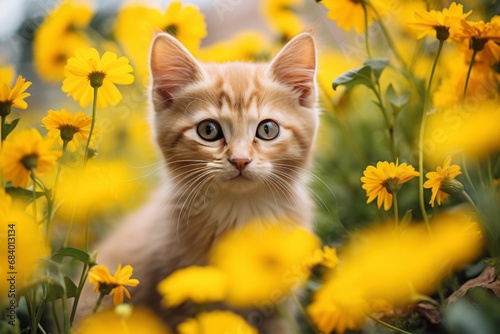Adorable Kitten Playing in a Vibrant Garden of Yellow Blooms: Perfect Picture for Cat & Nature Lovers Generative AI