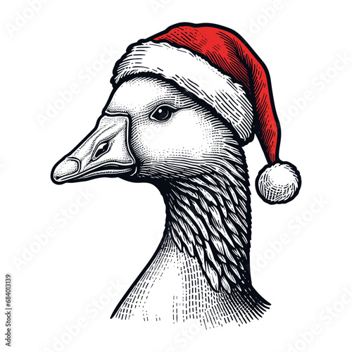 goose wearing red Santa Claus hat Christmas sketch