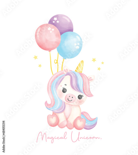 Cute unicorn with balloons watercolor nursery Art illustration. Magical Unicorn.