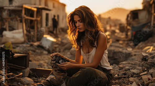 A young woman sits in front of a devastated and destroyed city