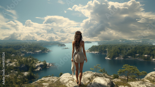 A woman in a tight white dress stands on a cliff and looks down