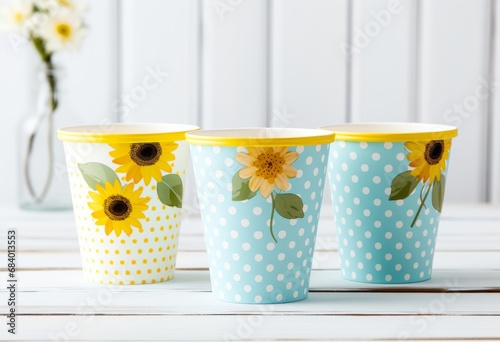 Enchanting Floral Paper Cups: Perfect Touch for Your Stylish White Wood Decor! Generative AI photo