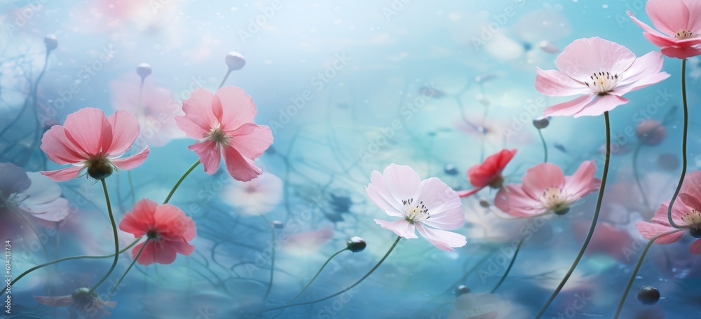 Unveiling Beauty: Vibrant Pink Flowers Against a Stunning Blue Backdrop Generative AI
