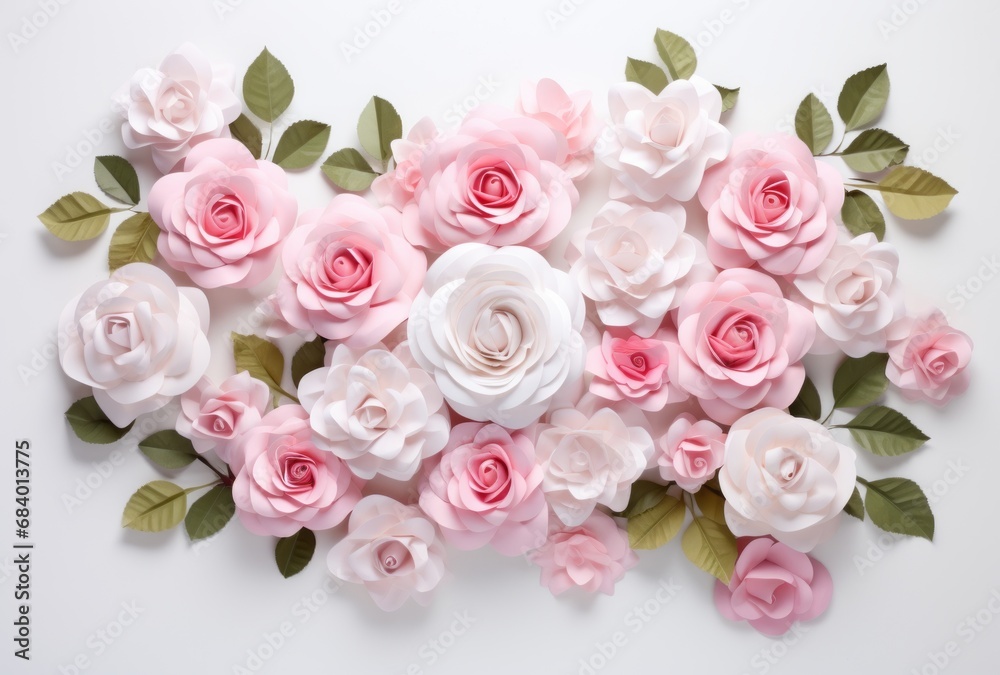 Stunning Display of Pink Roses & Leaves Over a White Wooden Background: Perfect Beauty of Nature! Generative AI