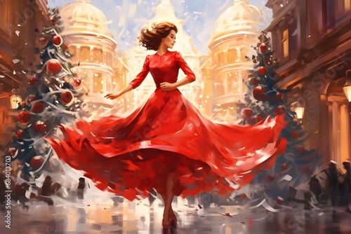 young beautiful couple dancing at Christmas, ballroom evening dress, Christmas tree in the city, New Year digital art