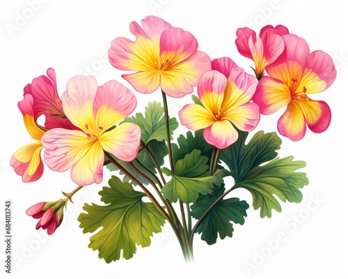 Exquisite Pink Geraniums  Unveiling Beauty through Yellow-Tipped Blooms   Lush Leaves Generative AI
