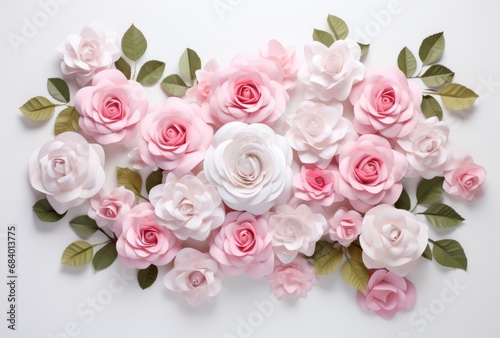 Stunning Display of Pink Roses & Leaves Over a White Wooden Background: Perfect Beauty of Nature! Generative AI © monsifdx