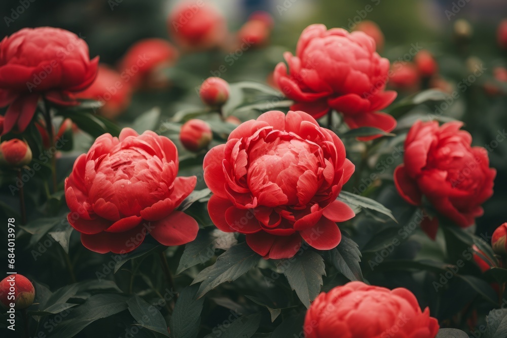 Blossoming Majesty: Captivating Display of Red Peonies in a Garden Generative AI Blossoming Majesty: Captivating Display of Red Peonies in a Garden Generative AI