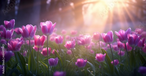 Basking in the Sun: A Glorious View of Purple Tulips in a Meadow Generative AI