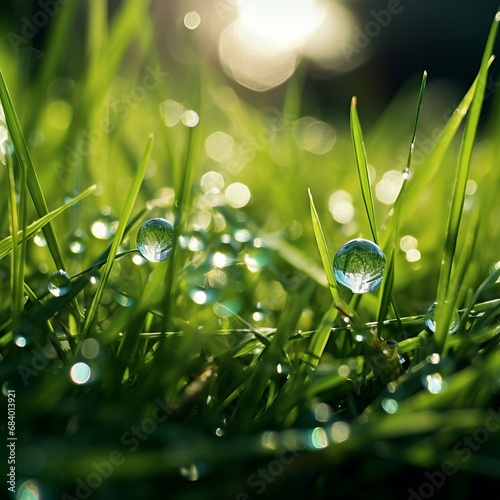 Enchanting Close-up: Sun-Kissed Raindrop on Lush Green Grass Generative AI
