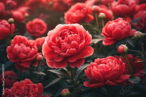 Unveiling the Radiant Beauty: Spectacular Red Peonies Blossoming in the Garden Generative AI photo