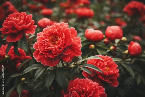 Blooming Extravaganza: Captivating Display of Red Peonies by Suo in a Serene Garden Generative AI photo