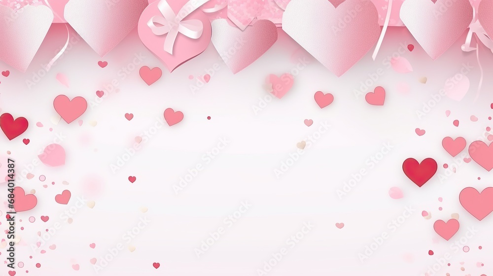  Valentine's heart petals falling on white background. Heart shaped confetti flower petals for Women's Day. Used for templates or backgrounds, banners.