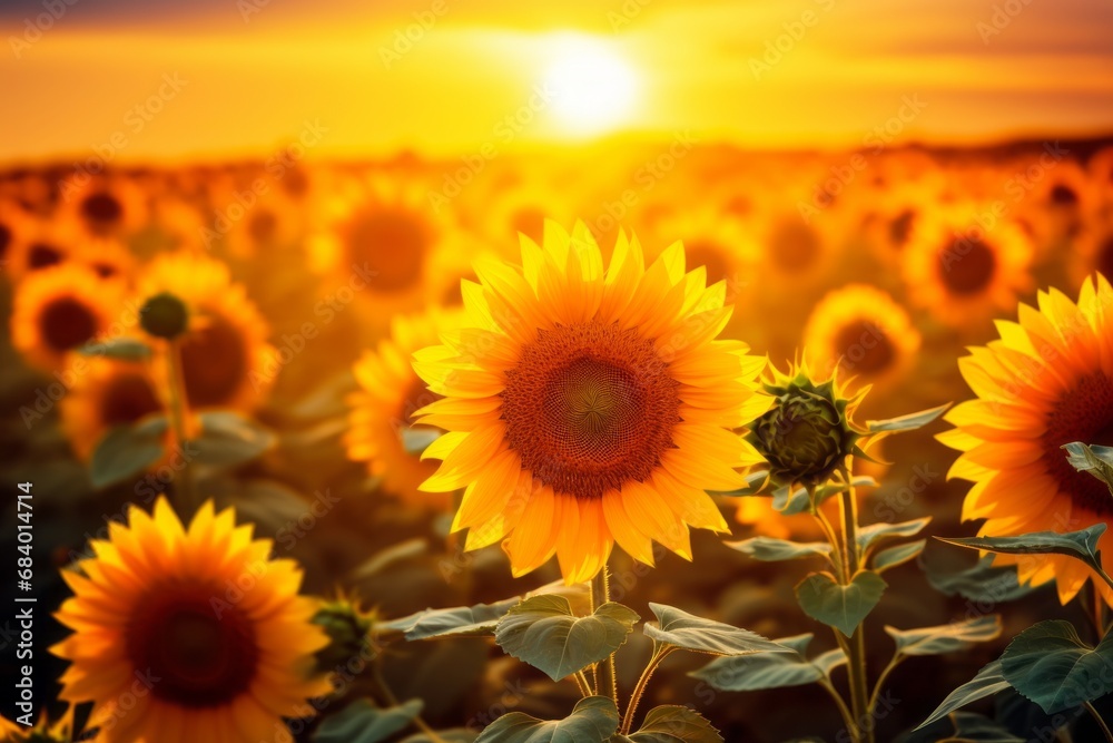 Obraz premium Radiant Sunsets: Majestic View of a Sunflower Field Under the Glistening Sun Generative AI