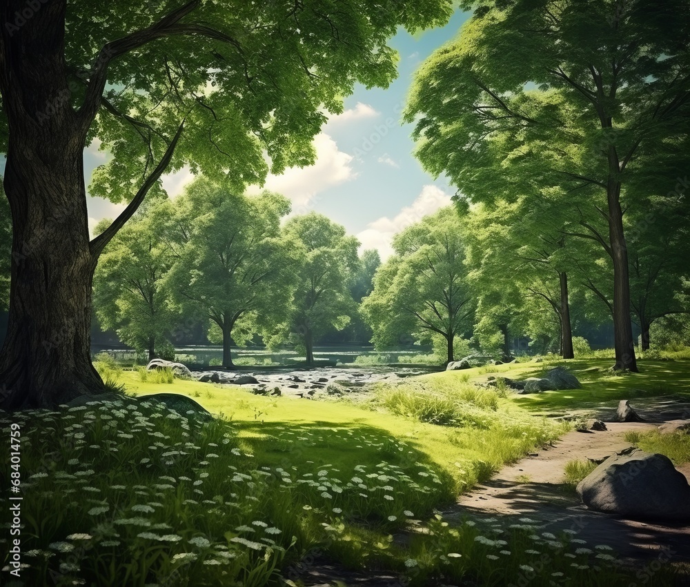 Experience the Bliss: A Spectacular Sunny Summer Day at the Park Generative AI