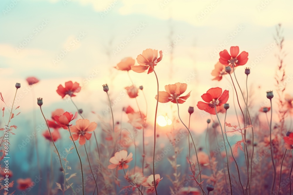 Obraz premium Enchanting Sundown: Scarlet Blooms Adorning the Serene Meadow Generative AI